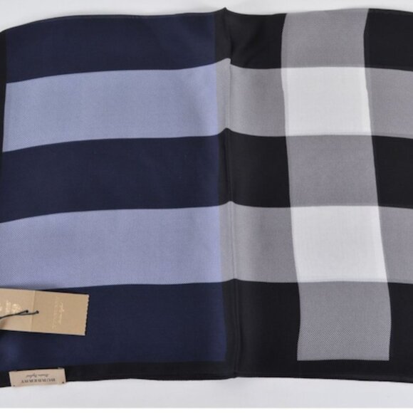 NWT Burberry Indigo Blue Satin Silk Check Scarf